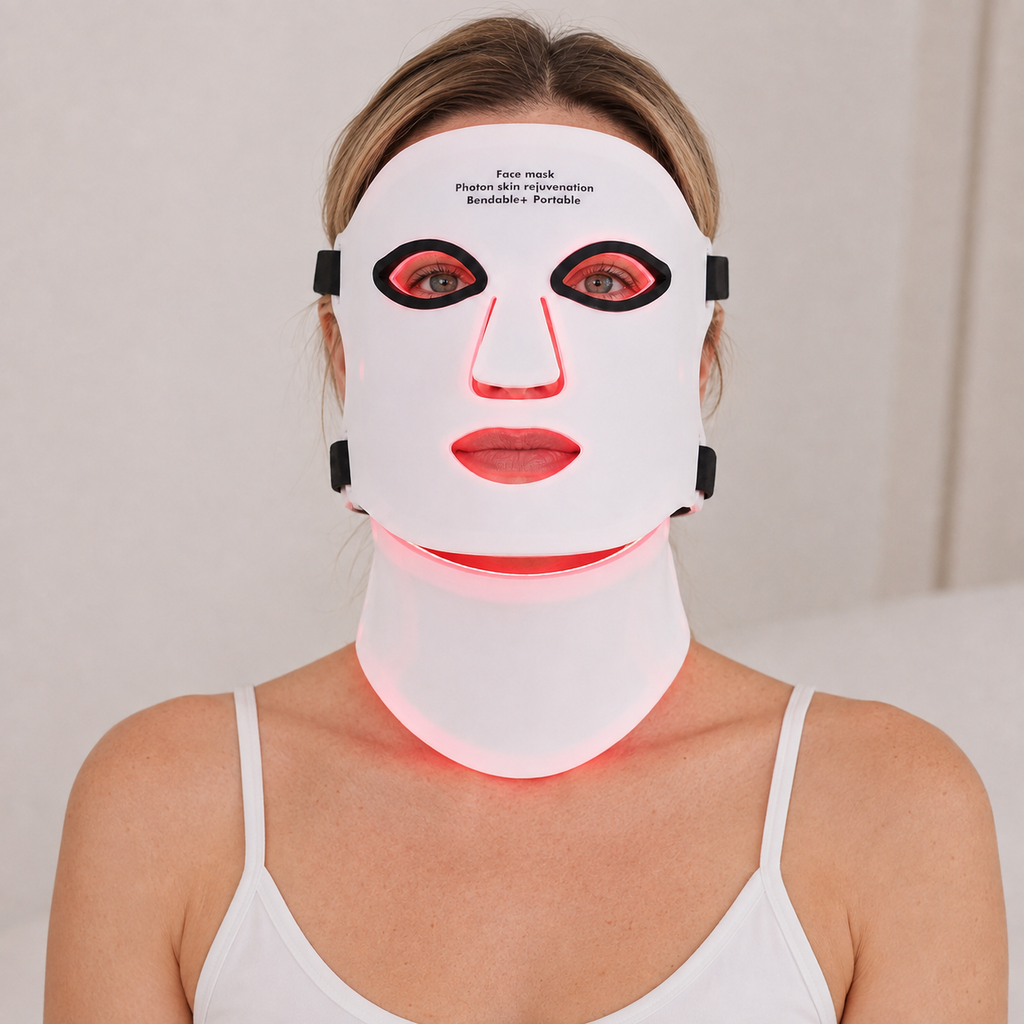 Front view of a woman wearing the illuminated white Flexible Face & Neck Mask with its separate neck piece