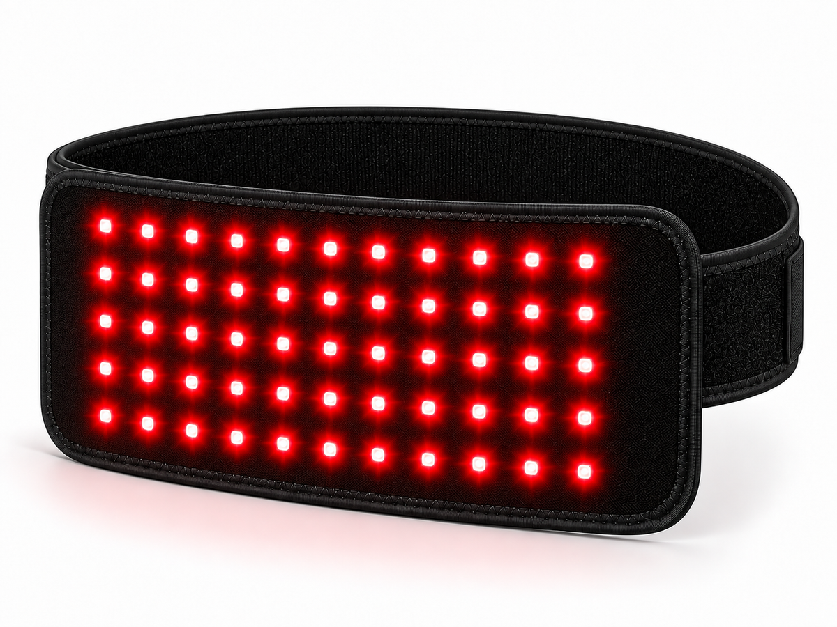 Compact Body Wrap curved into a loop, showing its illuminated red LED panel and fastening strap
