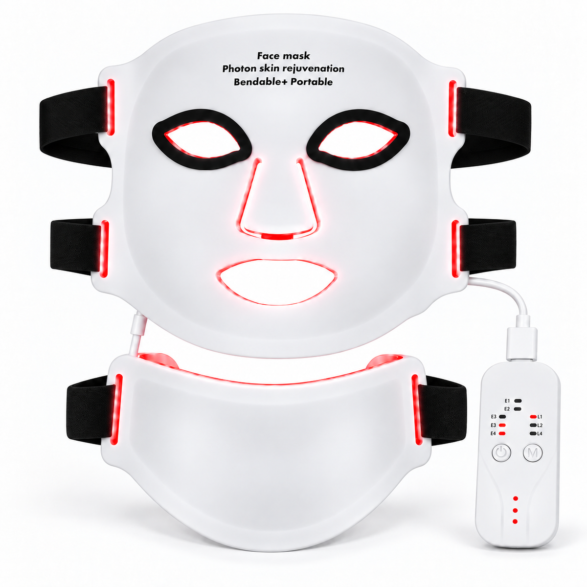Straight-on front view of the Face + Neck Mask with straps and controller