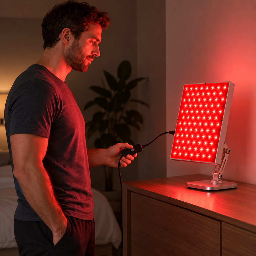 Man using the inline switch beside the illuminated Compact Red Light Panel on its included adjustable stand in a bedroom