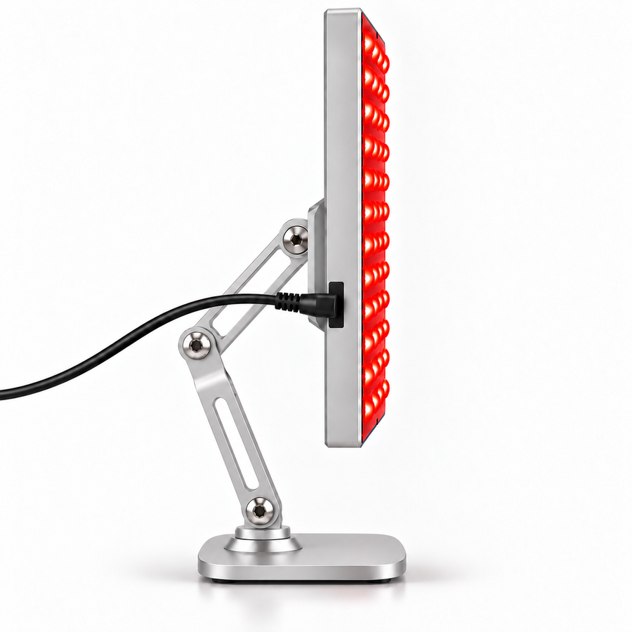 Compact Red Light Panel on the included adjustable stand, side profile showing the articulated arms and power cable