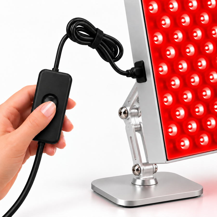 Hand operating the inline power switch beside the illuminated Desktop Panel on its included stand