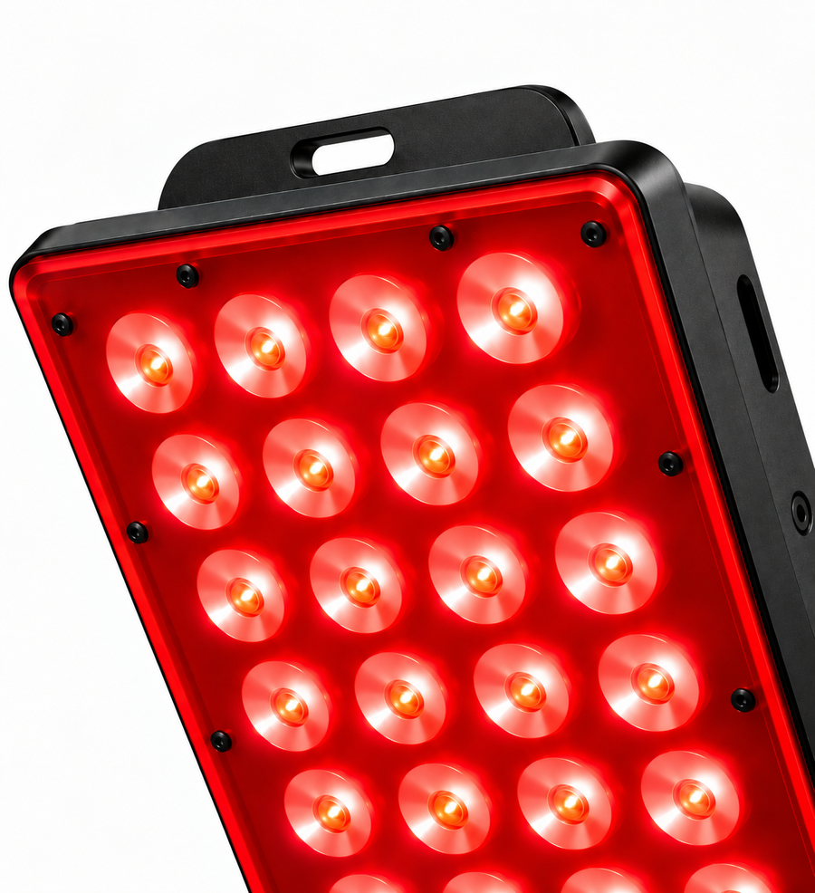 Close-up of the Floor Lamp showing its illuminated LED lenses, black housing and mounting bracket