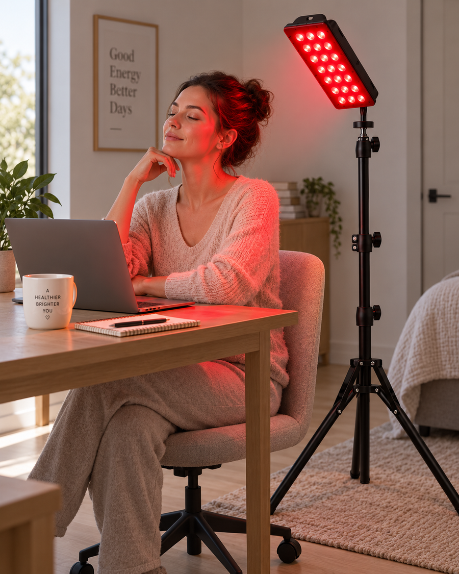Woman seated at a desk beside the illuminated Floor Lamp on its adjustable tripod
