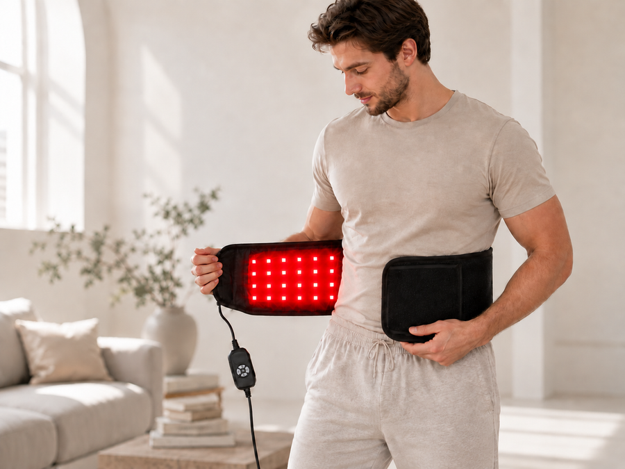 Man positioning the Body Wrap around his waist, showing the illuminated inner panel and wired controller
