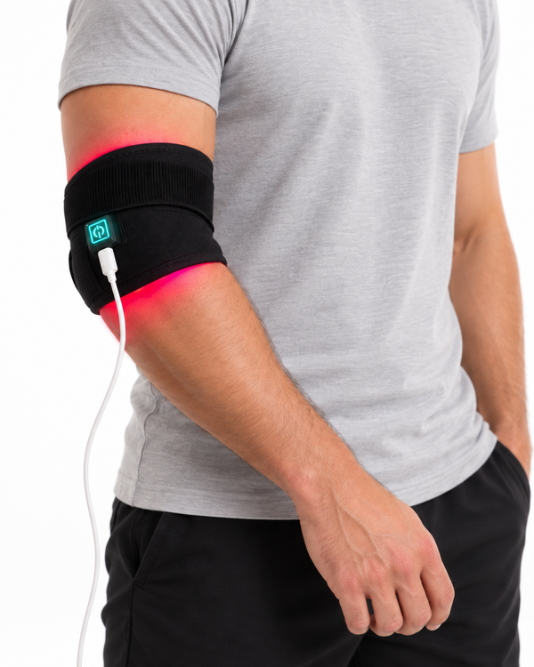 Man wearing an illuminated compact red light wrap around his elbow