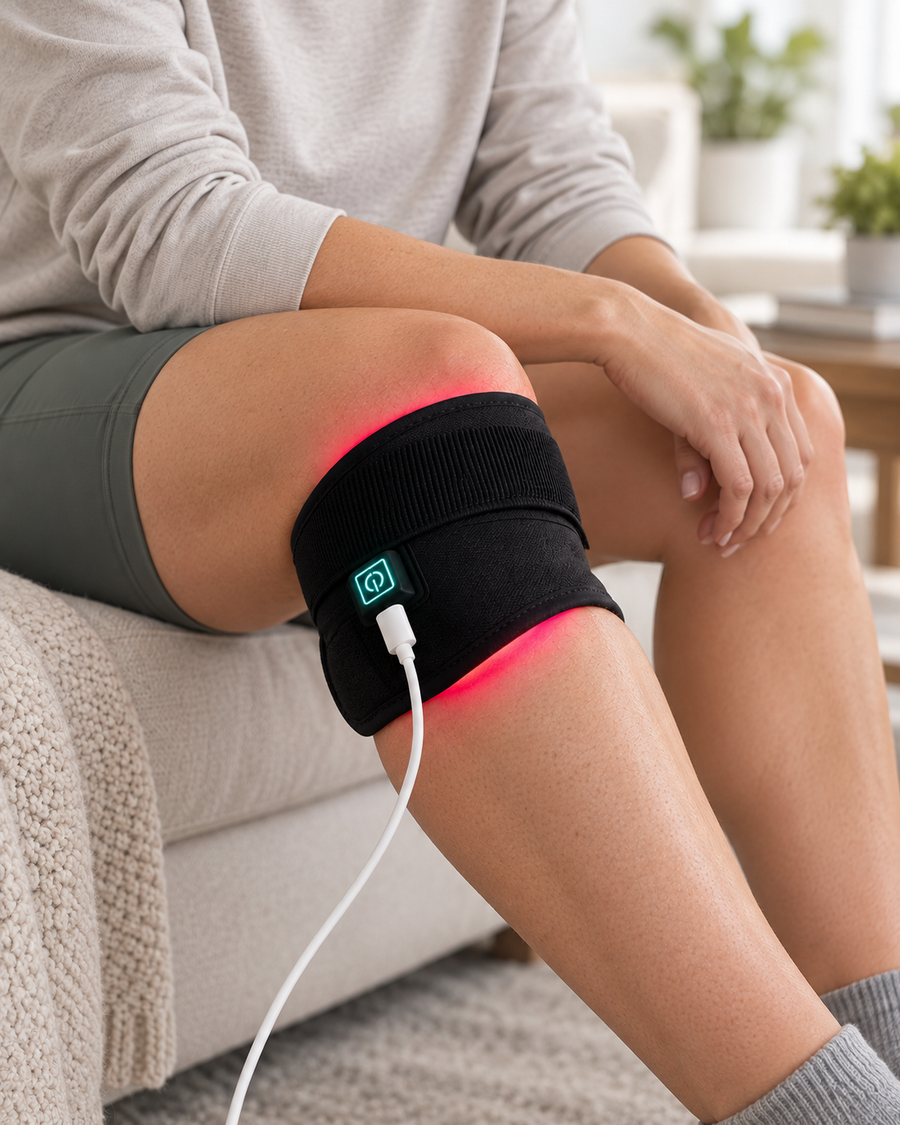 Seated person wearing the illuminated Compact Body Wrap around their knee, with its power button and cable visible