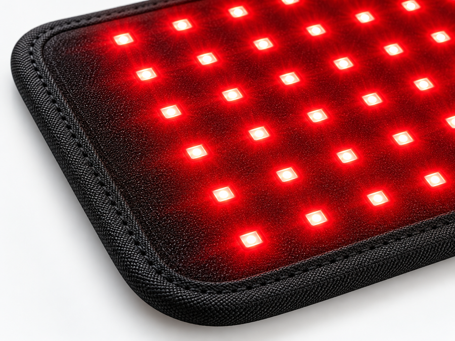 Close-up of the Compact Body Wrap showing its illuminated red LEDs and stitched fabric edge