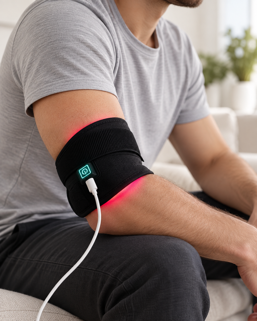 Seated man wearing the illuminated Compact Body Wrap around his elbow, with its power button and cable visible