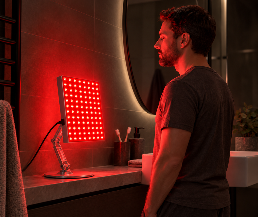 Man facing the illuminated Desktop Panel in a softly lit bathroom — with the included adjustable stand