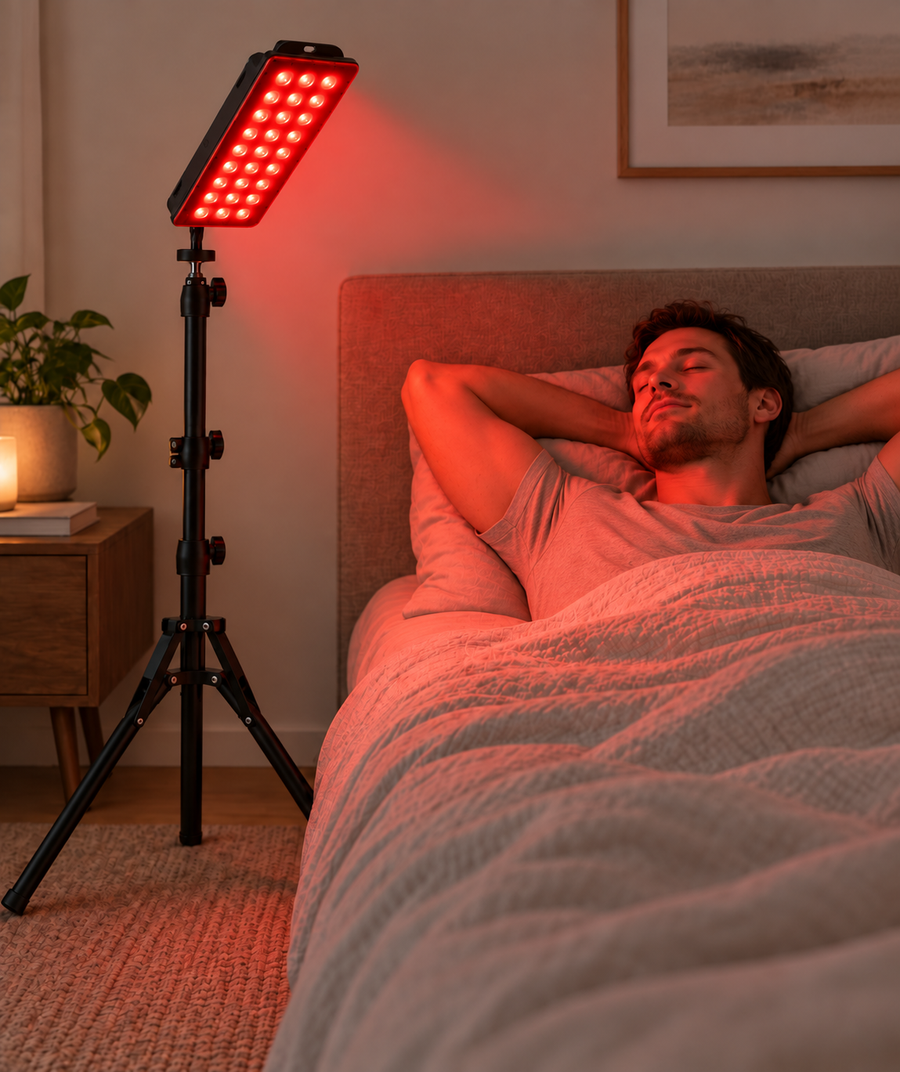 Man relaxing in bed beside the illuminated Floor Lamp on its adjustable tripod