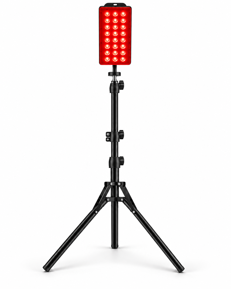 Straight-on view of the illuminated Floor Lamp and extended tripod