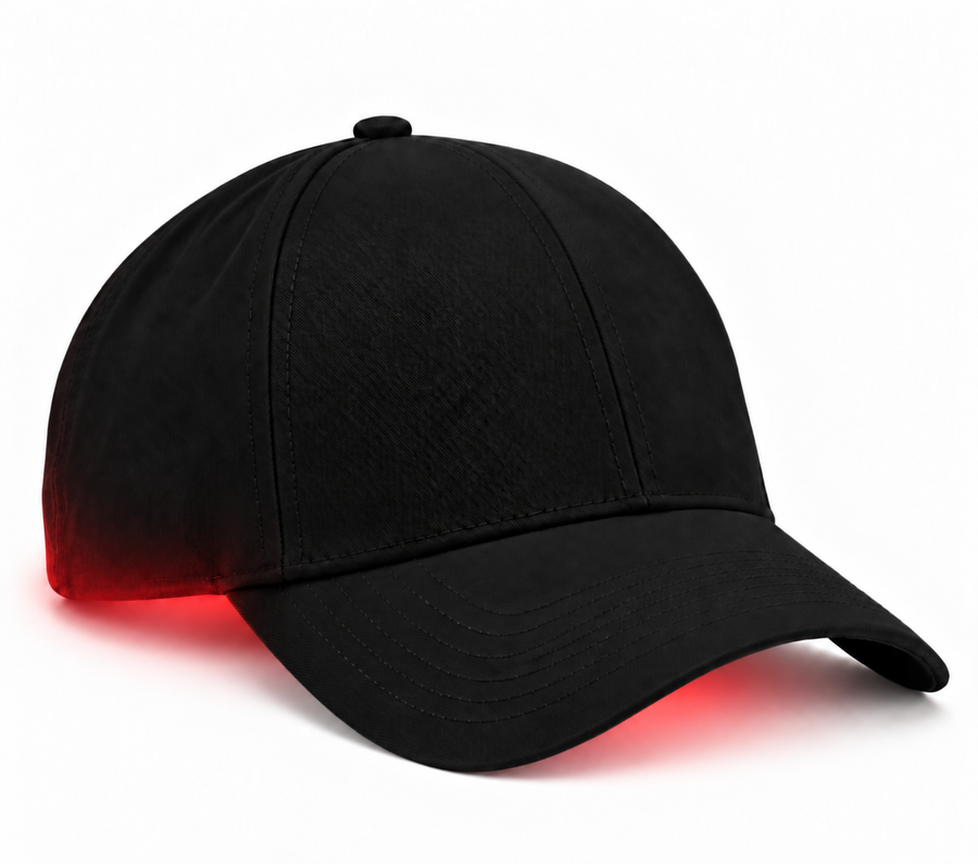 Black Hair Cap with a curved peak and red light glowing beneath the brim and rear edge