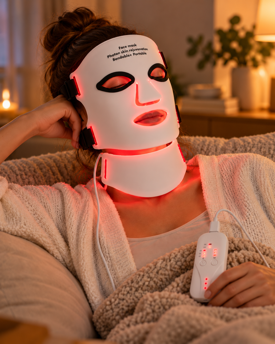 Woman relaxing on a sofa wearing the illuminated Face + Neck Mask with its controller visible