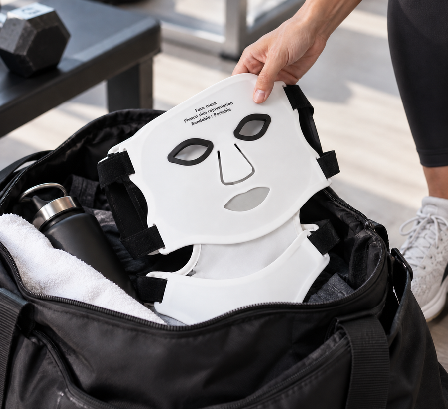 Flexible face and neck mask being packed into a gym bag