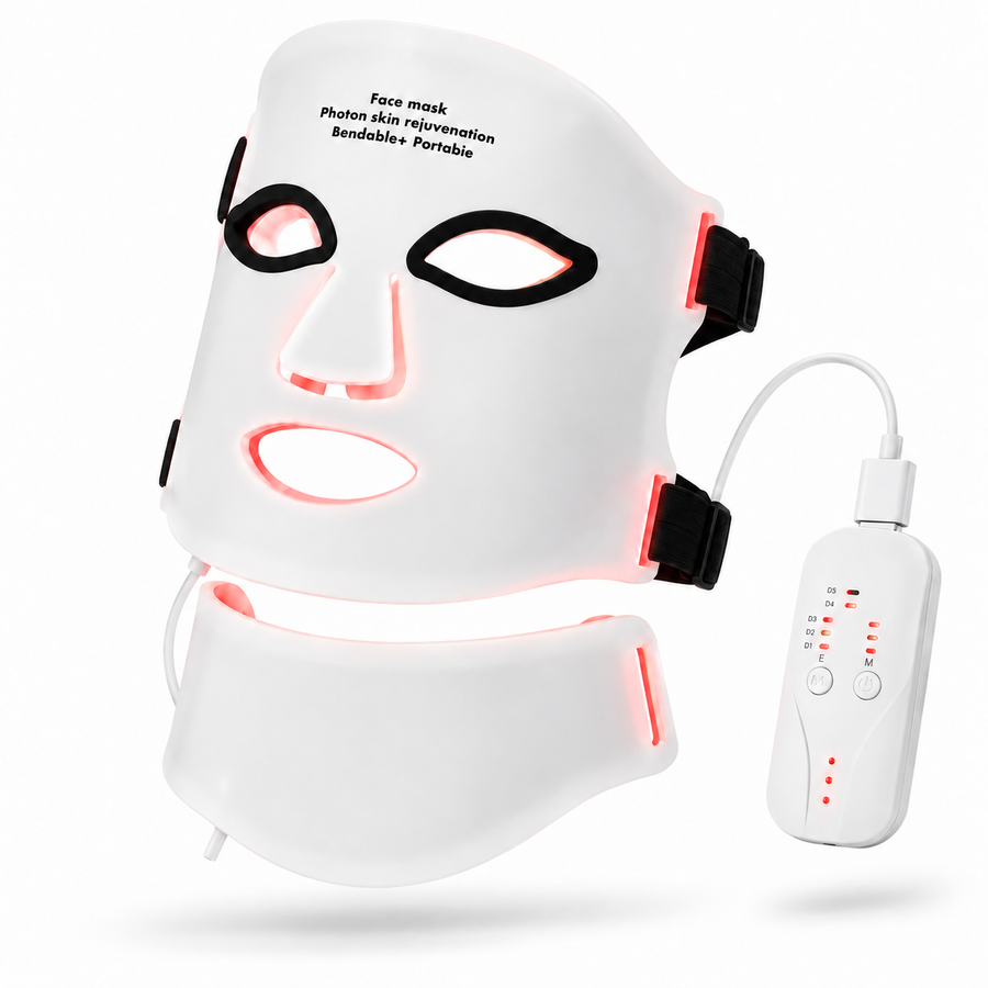 Angled view of the Face + Neck Mask with illuminated edges and controller