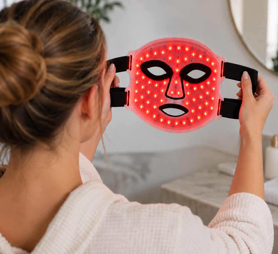 Woman holding the face mask to show its illuminated red light interior