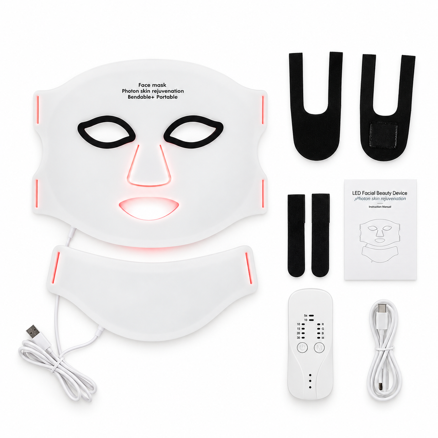 Face mask, neck piece, straps, controller, cable and manual laid out