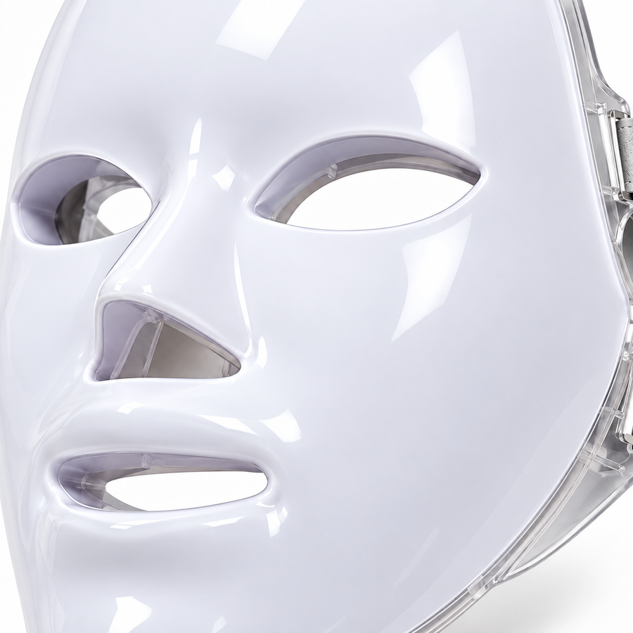 Tight angled close-up of the Red Light Therapy Mask showing its white shell, eye, nose and mouth openings and clear edge