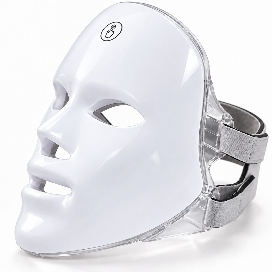 Angled front view of the Red Light Therapy Mask showing its white shell, touch-control symbol, clear frame and grey straps