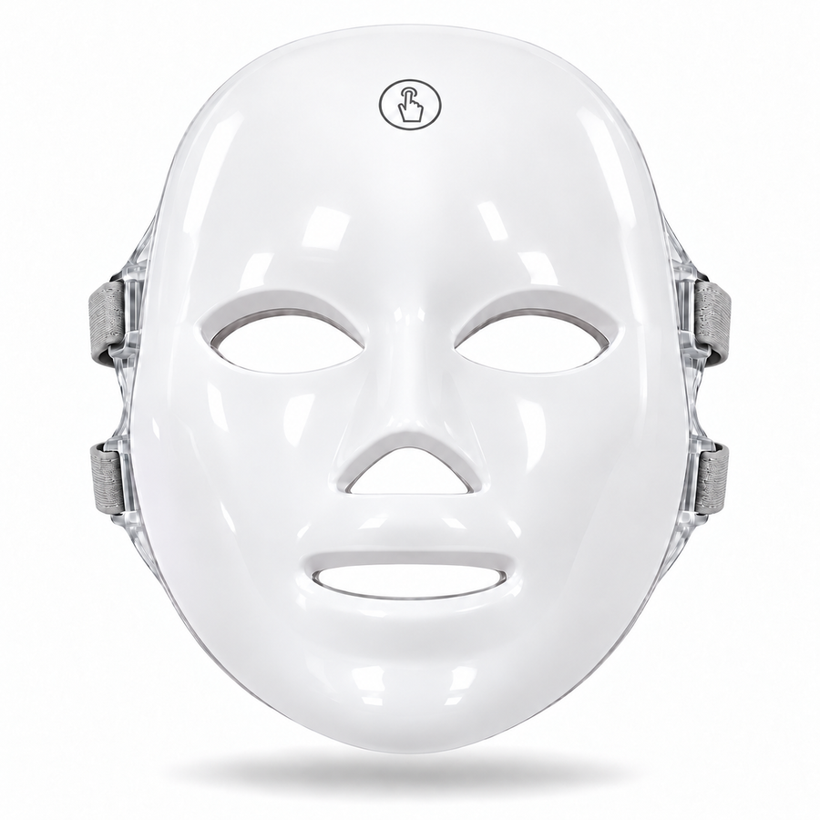 Front view of the Red Light Therapy Mask showing its white contoured shell, touch-control symbol and grey fastening straps