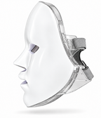 Side view of the Red Light Therapy Mask showing its white contoured shell, clear frame and grey fastening straps