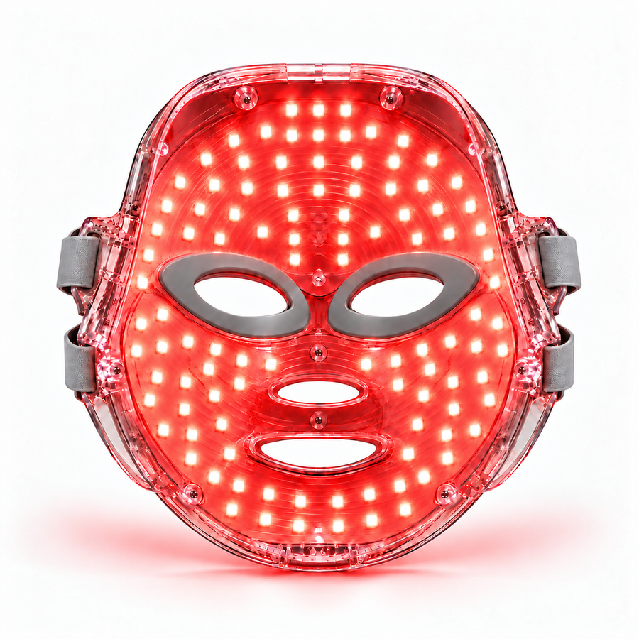 Inside of the Red Light Therapy Mask with its red LEDs illuminated