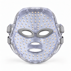 Inside of the Red Light Therapy Mask showing its unlit LED array, grey eye cushions and fastening straps
