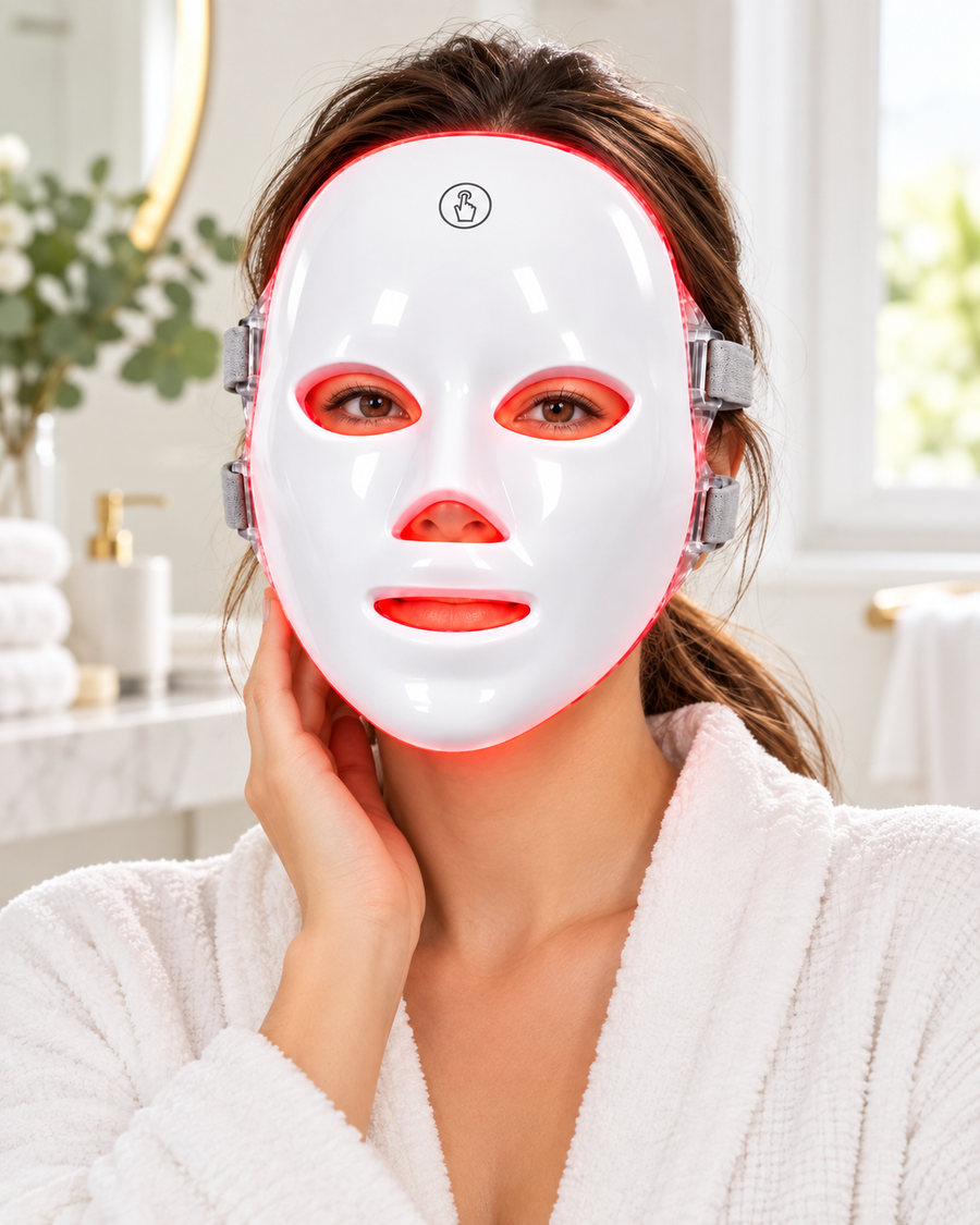 Woman wearing the illuminated Red Light Therapy Mask and a white robe in a bright bathroom