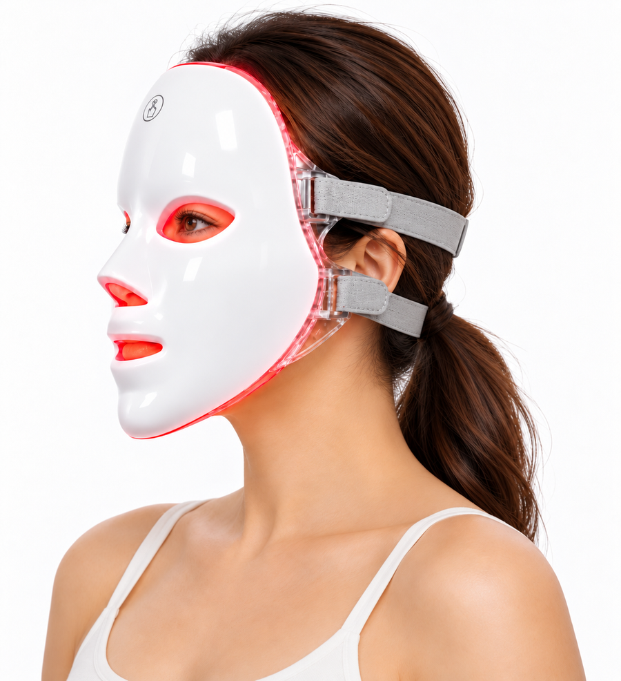 Side view of a woman wearing the illuminated Red Light Therapy Mask, showing its grey adjustable straps and clear frame