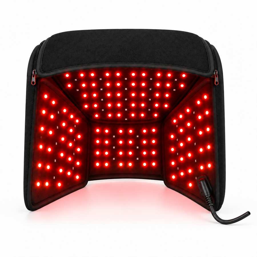 Open Scalp Wrap showing the illuminated inner panels, side zips and cable connection