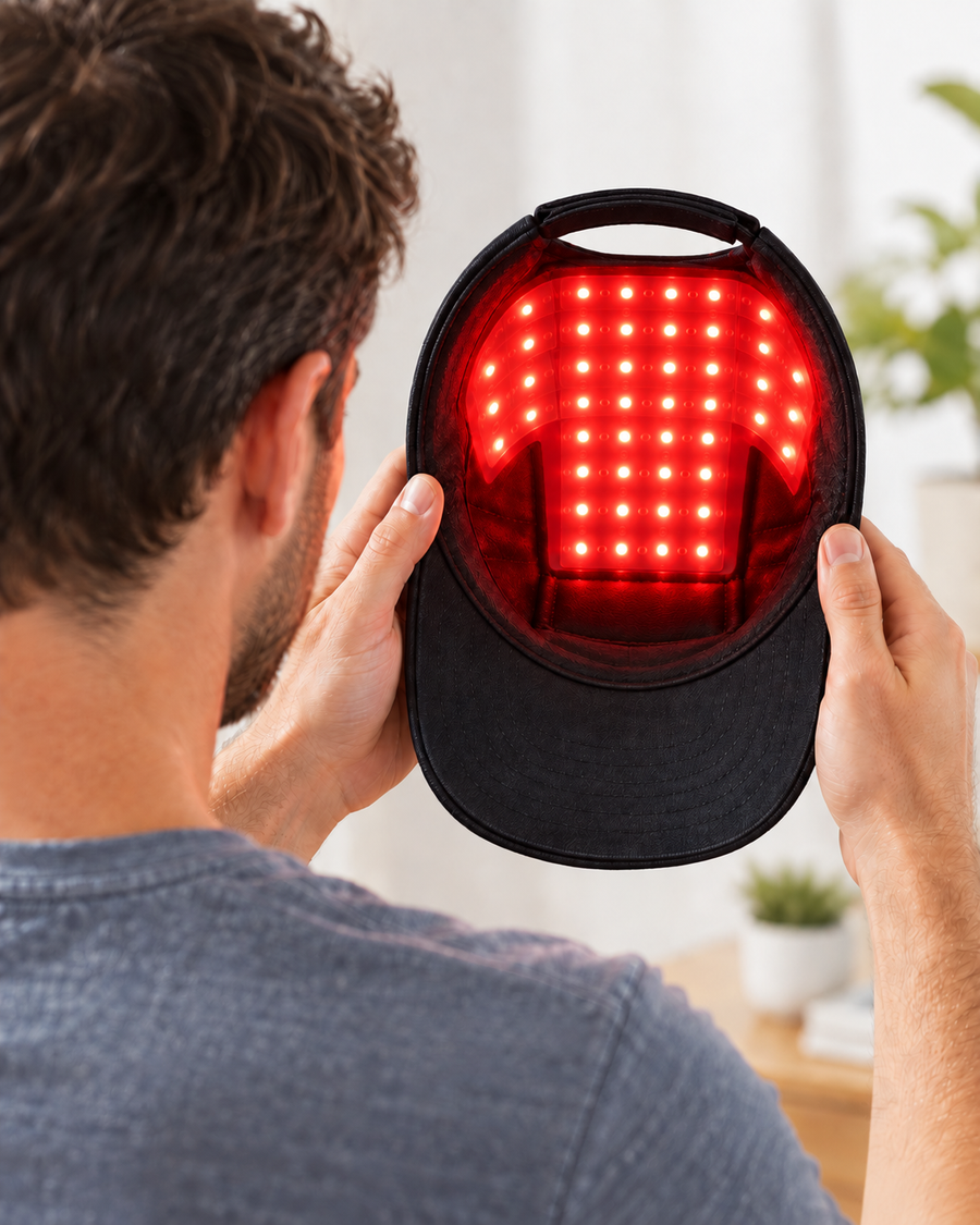 Man holding the Hair Cap to show its illuminated inner light panel before use