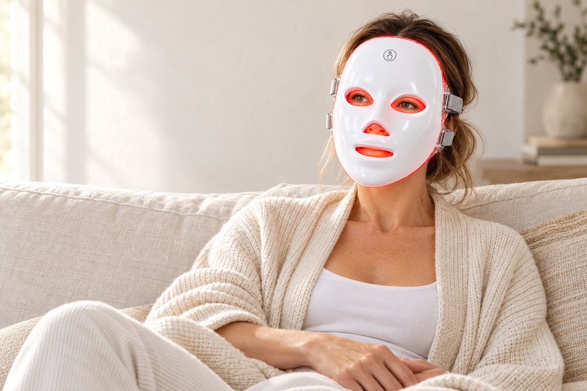 Woman relaxing on a linen sofa while wearing the Red Light Therapy Mask