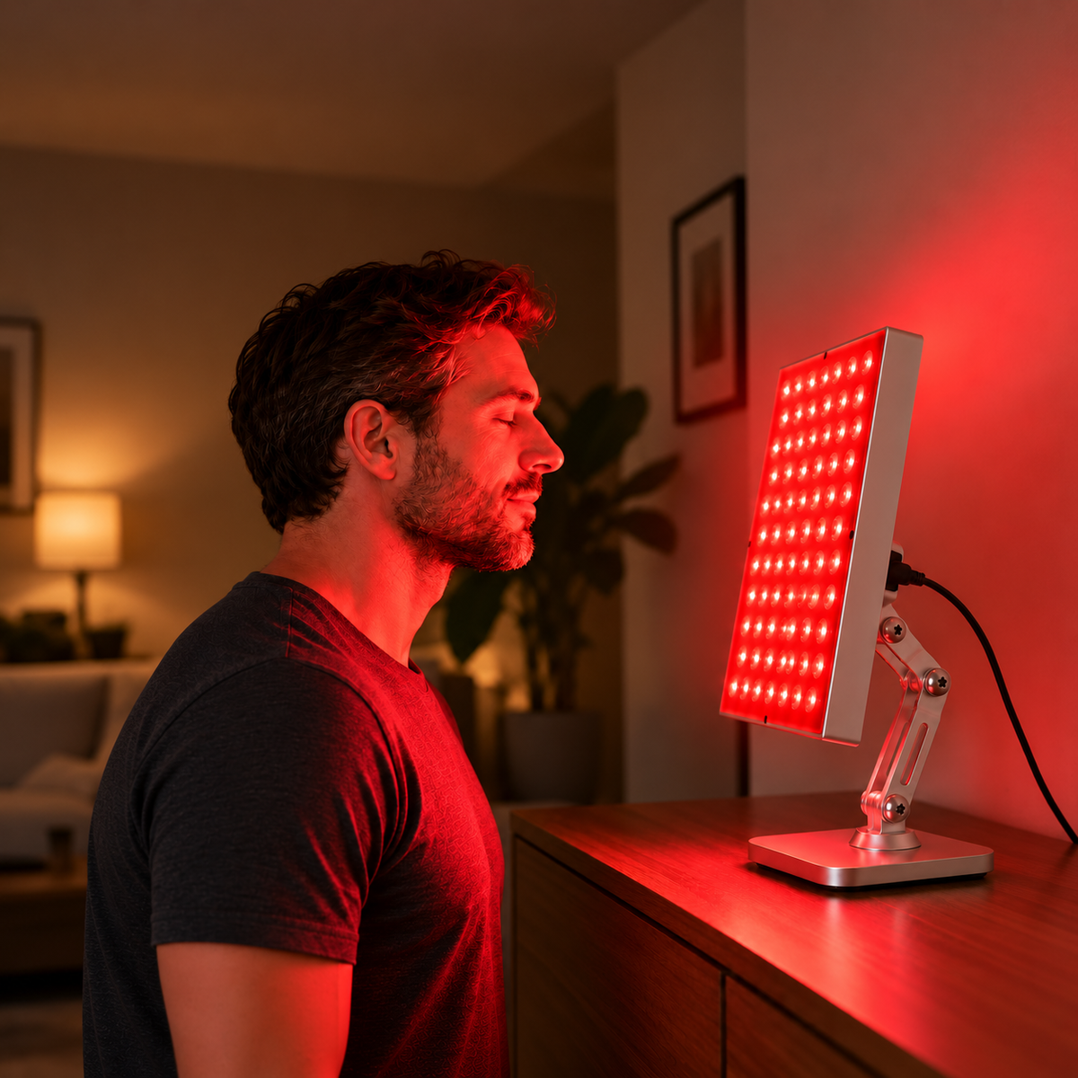 Man enjoying an evening session beside the Compact Red Light Panel on its adjustable stand