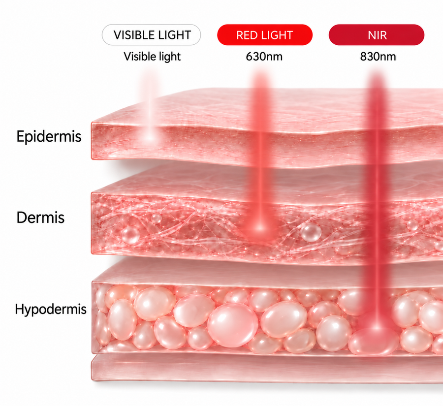 Skin-depth illustration comparing visible light, red light at 630 nm and near-infrared at 830 nm across the epidermis, dermis and hypodermis.