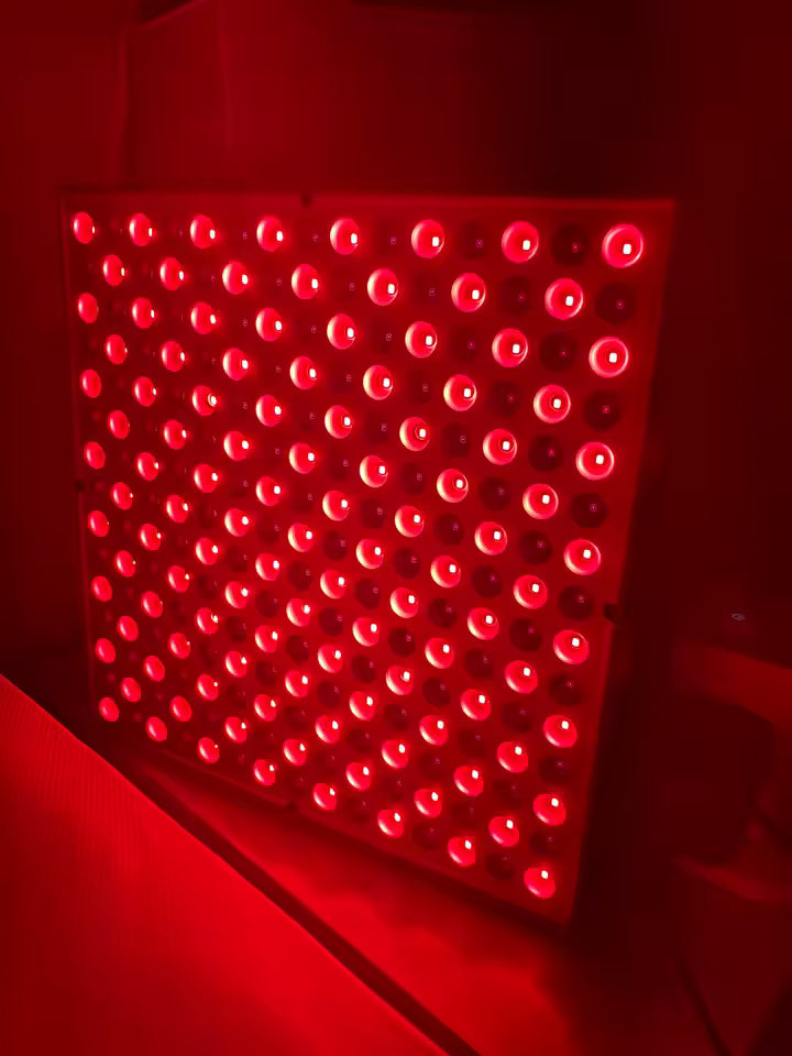 The desktop panel with its red lights illuminated.