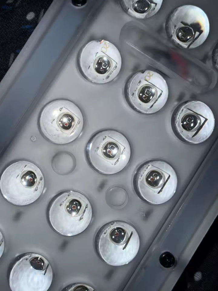 A close-up of the individual lenses on the front of the panel.
