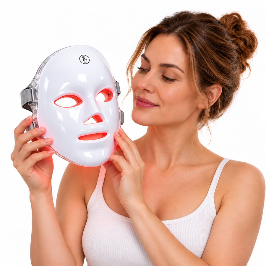 Woman holding the illuminated Red Light Therapy Mask before use, showing its white shell and adjustable straps