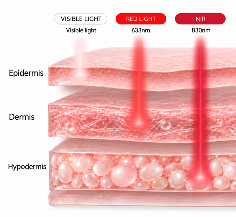 Skin-depth illustration comparing visible light, red light at 633 nm and near-infrared at 830 nm.