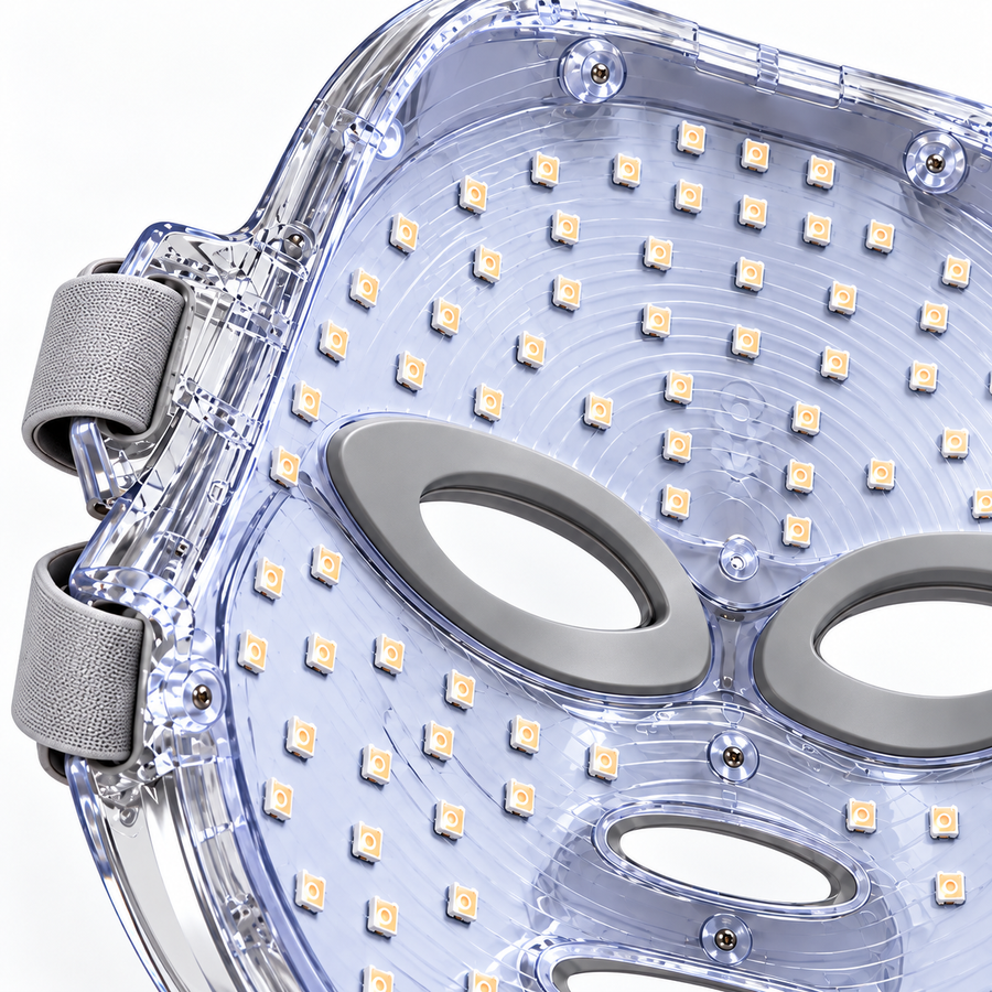 Close-up of the Red Light Therapy Mask showing its grey eye cushions, adjustable straps and LED array