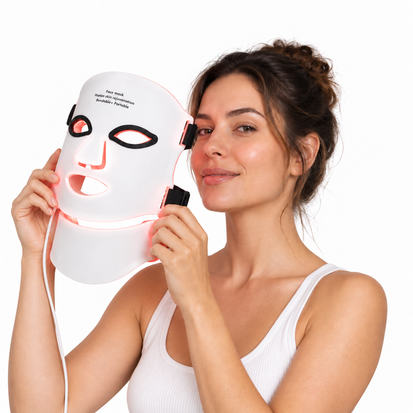 Woman holding an illuminated red light face and neck mask