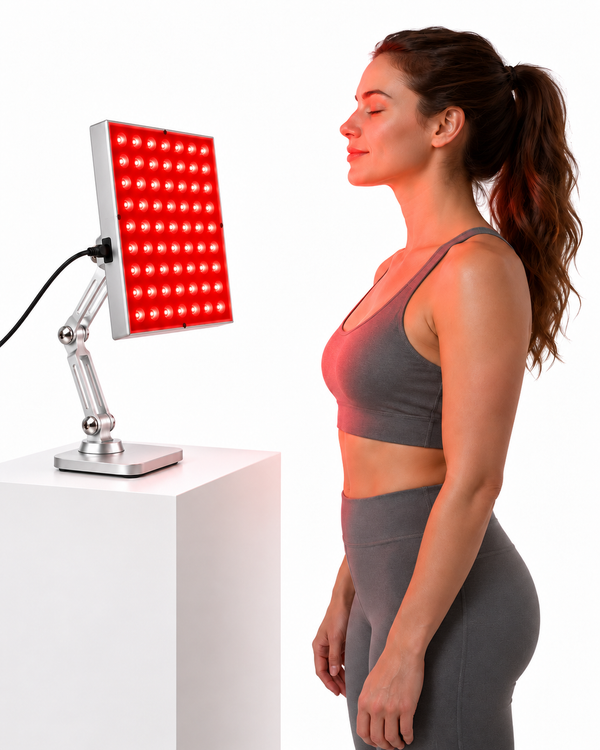 Woman standing beside the illuminated Compact Red Light Panel on its adjustable stand
